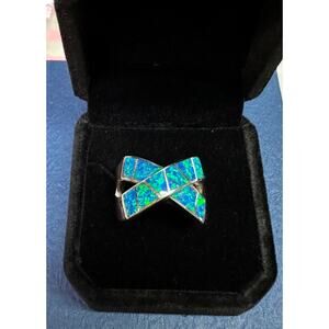 Vintage Sterling Silver Simulated Opal Inlay Ring Sz 8